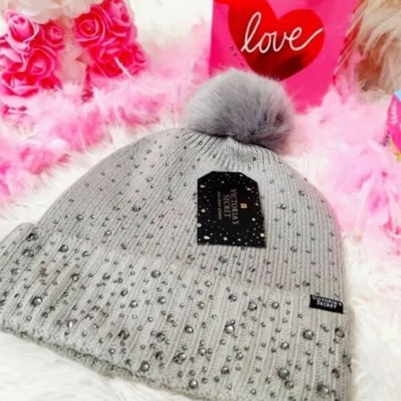 VICTORIA\'S‎ SECRET Faux Fur Pom-Pom Hat Rhinestone Embellished Beanie